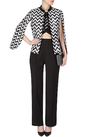 Black Handcrafted Chevron Pattern Cape Jacket by AAWA By Aastha Wadhwa