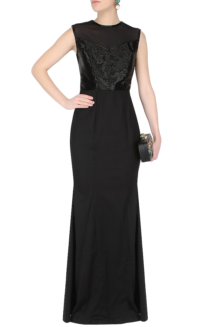 Aawa by Aastha Wadhwa presents Black sleeveless evening gown with floor sweeping folds available only at Pernia's Pop Up Shop