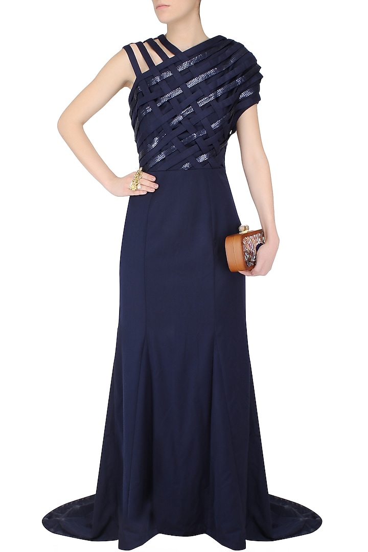 Aawa by Aastha Wadhwa presents Blue cross over evening gown with floor sweeping folds available only at Pernia's Pop Up Shop