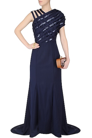Blue Cross Over Evening Gown With Floor Sweeping Folds by AAWA By Aastha Wadhwa