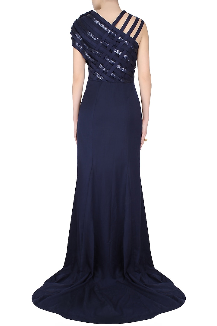 Aawa by Aastha Wadhwa presents Blue cross over evening gown with floor sweeping folds available only at Pernia's Pop Up Shop