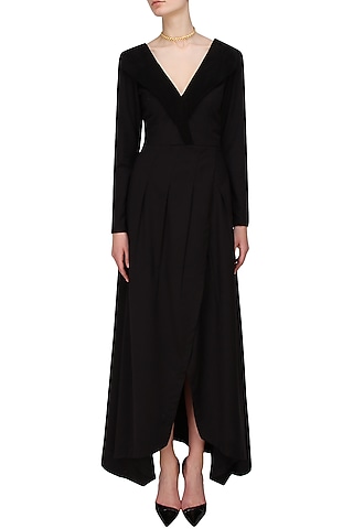 Black v neck goat suede and sequins gown by AAWA By Aastha Wadhwa