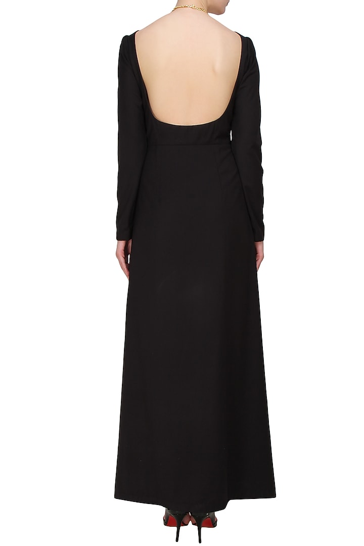 Black v neck goat suede and sequins gown available only at Pernia's Pop Up Shop