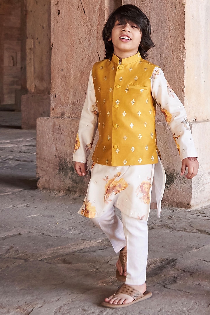 Yellow Chanderi Bundi Jacket With Kurta Set For Boys by All Boy Couture at Pernia's Pop Up Shop