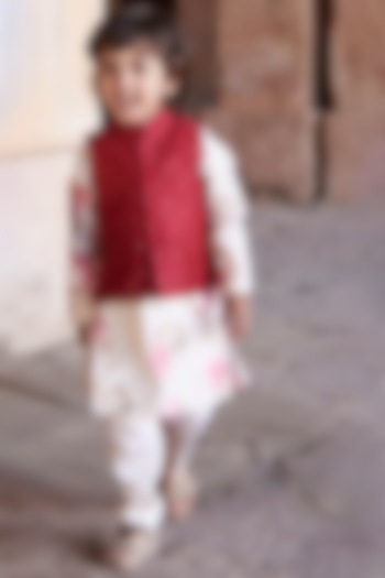 Burgundy Chanderi Bundi Jacket With Kurta Set For Boys by All Boy Couture at Pernia's Pop Up Shop