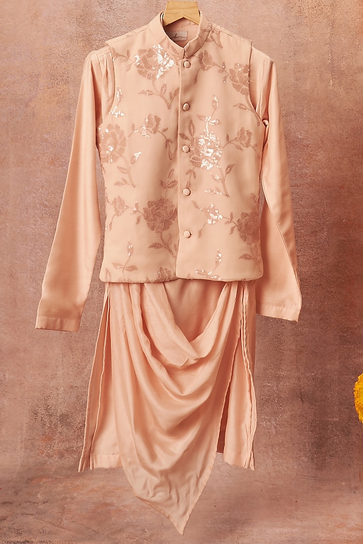 Light Pink Georgette Bundi Jacket With Kurta Set For Boys by All Boy Couture