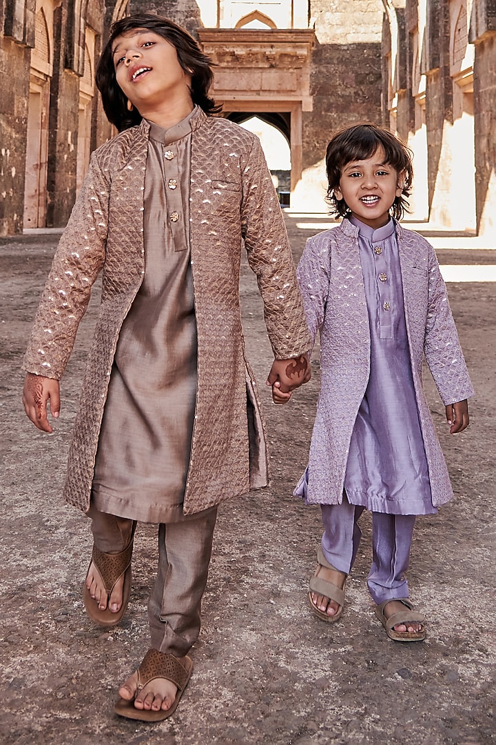 Lavender Banglore Silk Achkan Jacket With Kurta Set by All Boy Couture