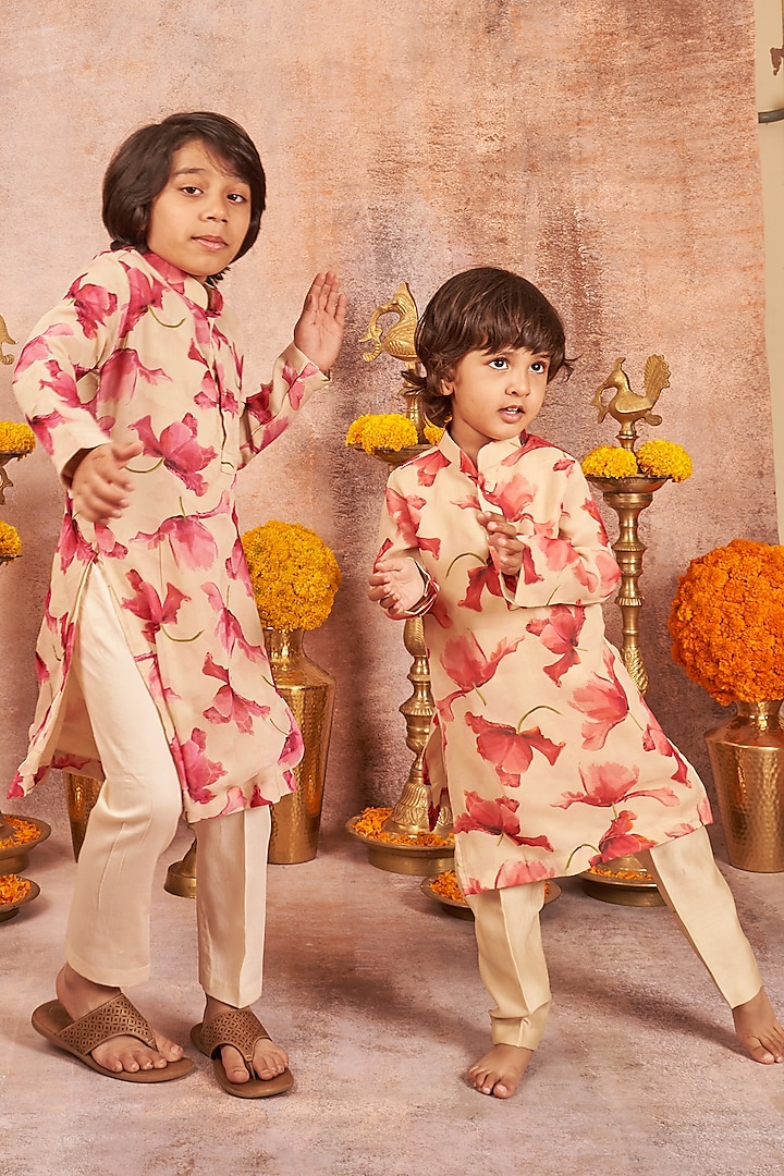Beige Georgette Printed Kurta Set For Boys by All Boy Couture