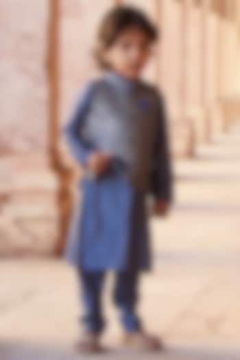 Air Force Blue Slub Silk Embroidered Jacket With Kurta Set For Boys by All Boy Couture