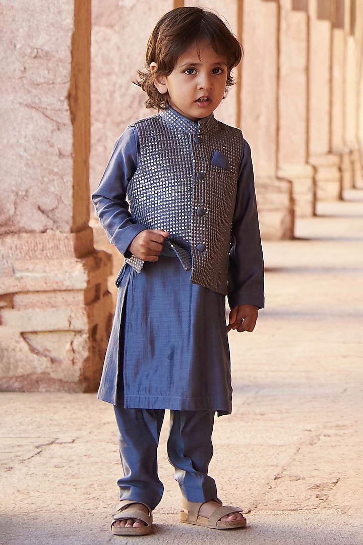 Air Force Blue Slub Silk Embroidered Jacket With Kurta Set For Boys by All Boy Couture