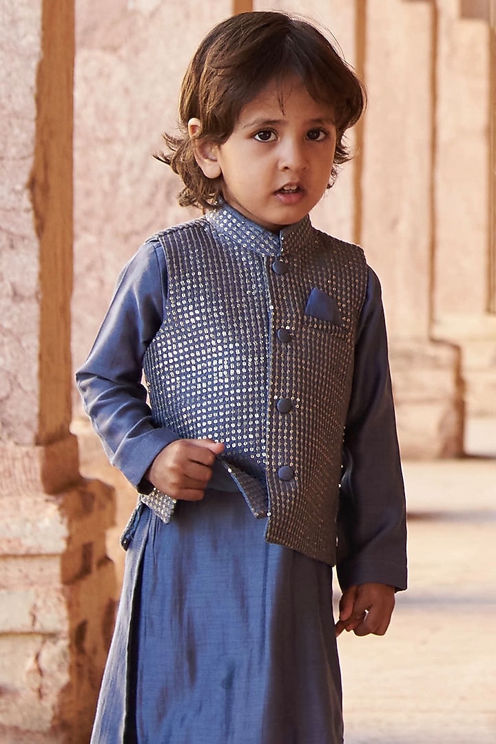 Air Force Blue Slub Silk Embroidered Jacket With Kurta Set For Boys by All Boy Couture at Pernia's Pop Up Shop