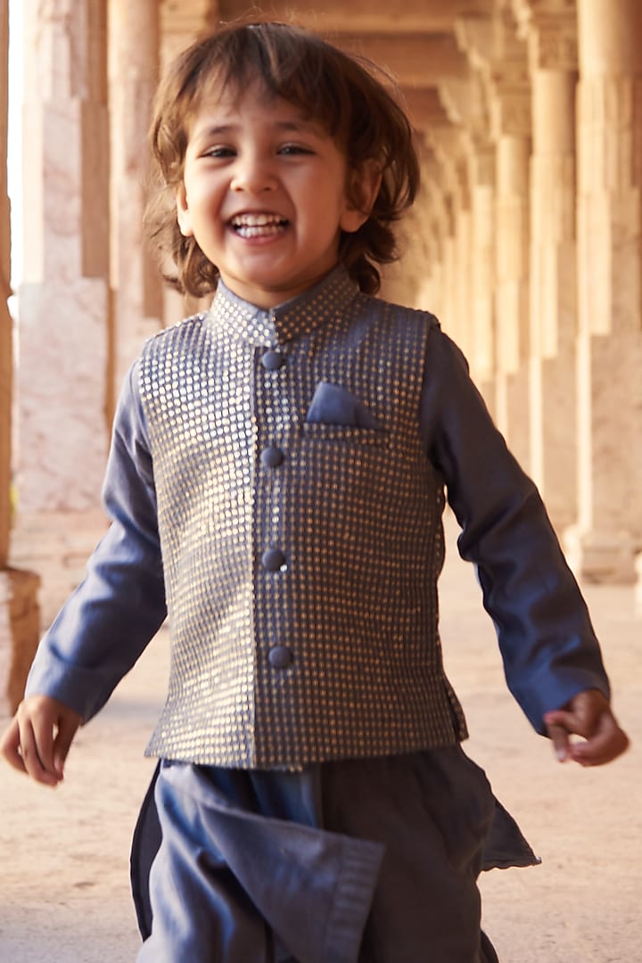 Air Force Blue Slub Silk Embroidered Jacket With Kurta Set For Boys by All Boy Couture at Pernia's Pop Up Shop
