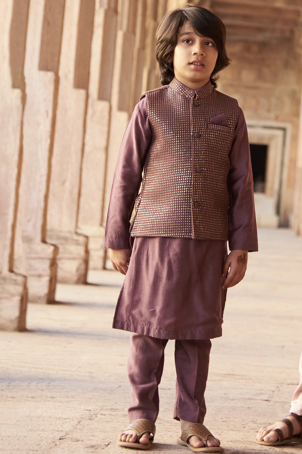 Dark Lavender Slub Silk Embroidered Jacket With Kurta Set For Boys by All Boy Couture at Pernia's Pop Up Shop