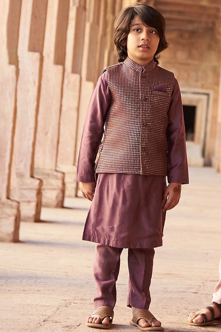 Dark Lavender Slub Silk Embroidered Jacket With Kurta Set For Boys by All Boy Couture at Pernia's Pop Up Shop