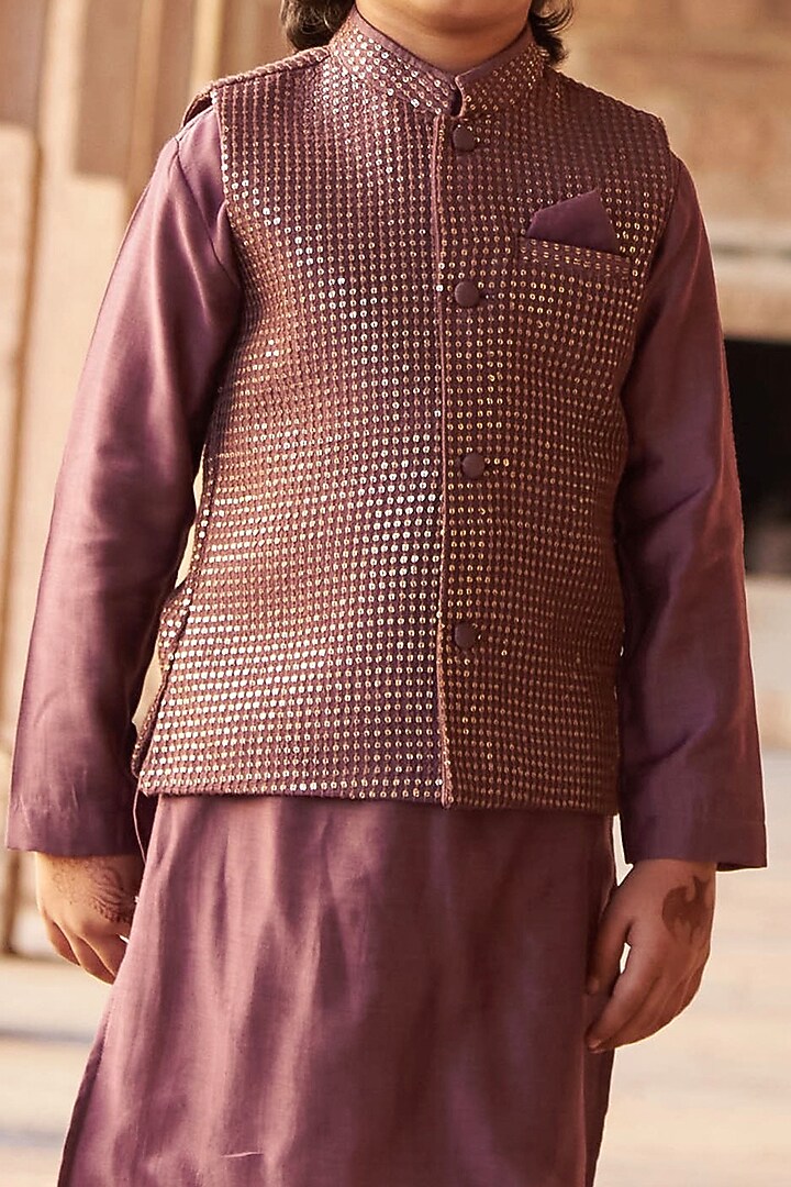 Dark Lavender Slub Silk Embroidered Jacket With Kurta Set For Boys by All Boy Couture at Pernia's Pop Up Shop