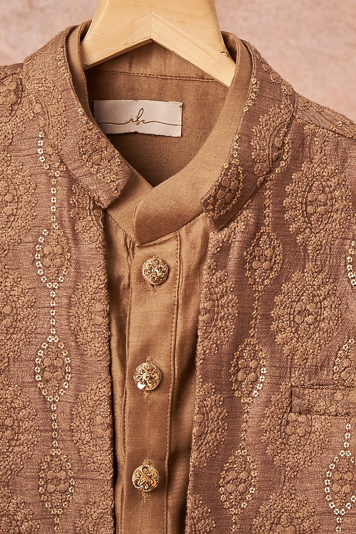 Brownish Grey Slub Silk Achkan Jacket With Kurta Set by All Boy Couture at Pernia's Pop Up Shop