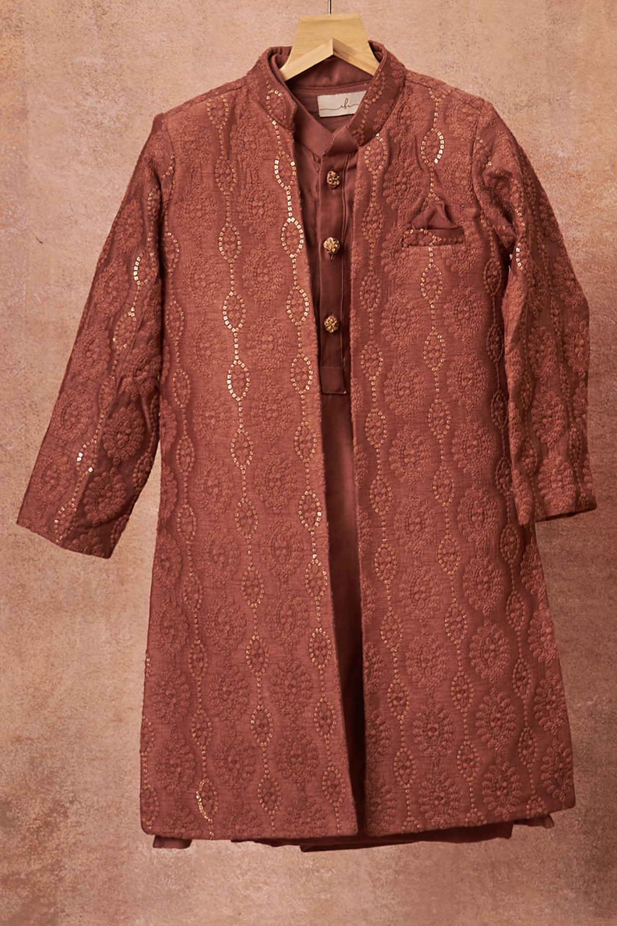 Wine Slub Silk Achkan Jacket With Kurta Set by All Boy Couture at Pernia's Pop Up Shop