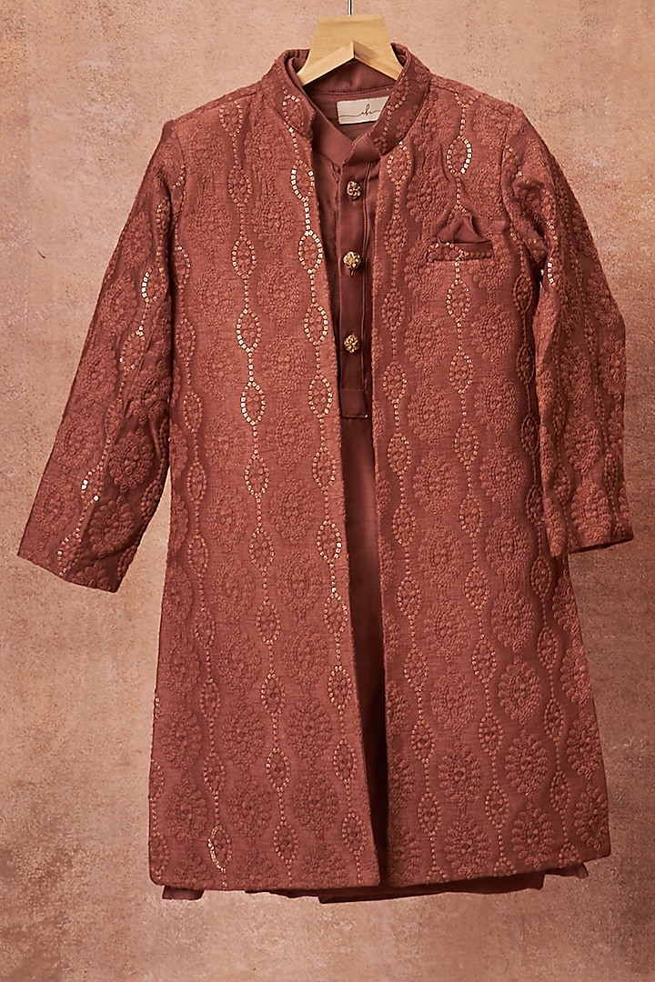 Wine Slub Silk Achkan Jacket With Kurta Set by All Boy Couture at Pernia's Pop Up Shop