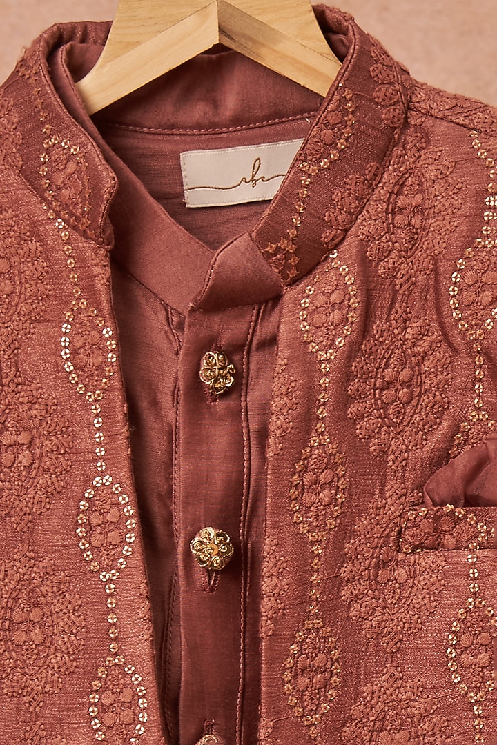 Wine Slub Silk Achkan Jacket With Kurta Set by All Boy Couture at Pernia's Pop Up Shop