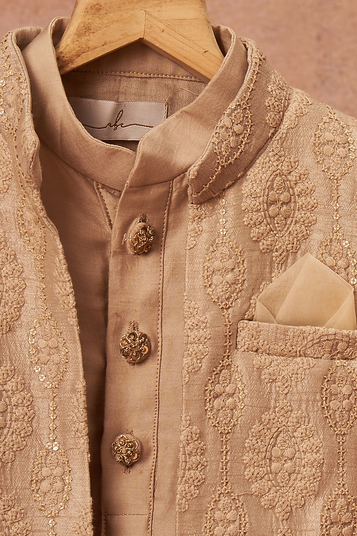 Light Grey Slub Silk Achkan Jacket With Kurta Set by All Boy Couture at Pernia's Pop Up Shop