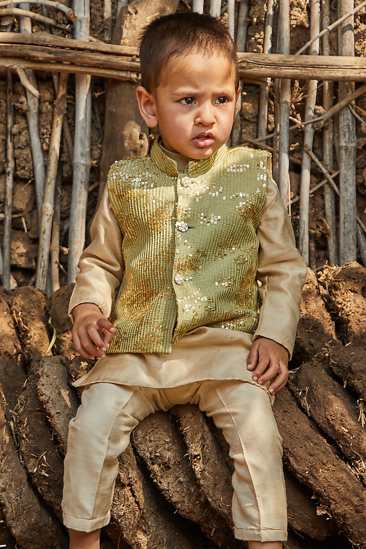 Green Banglore Silk Jacket With Kurta Set For Boys by All Boy Couture