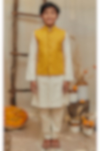 Yellow Banglore Silk Lucknowi Jacket With Kurta Set For Boys by All Boy Couture