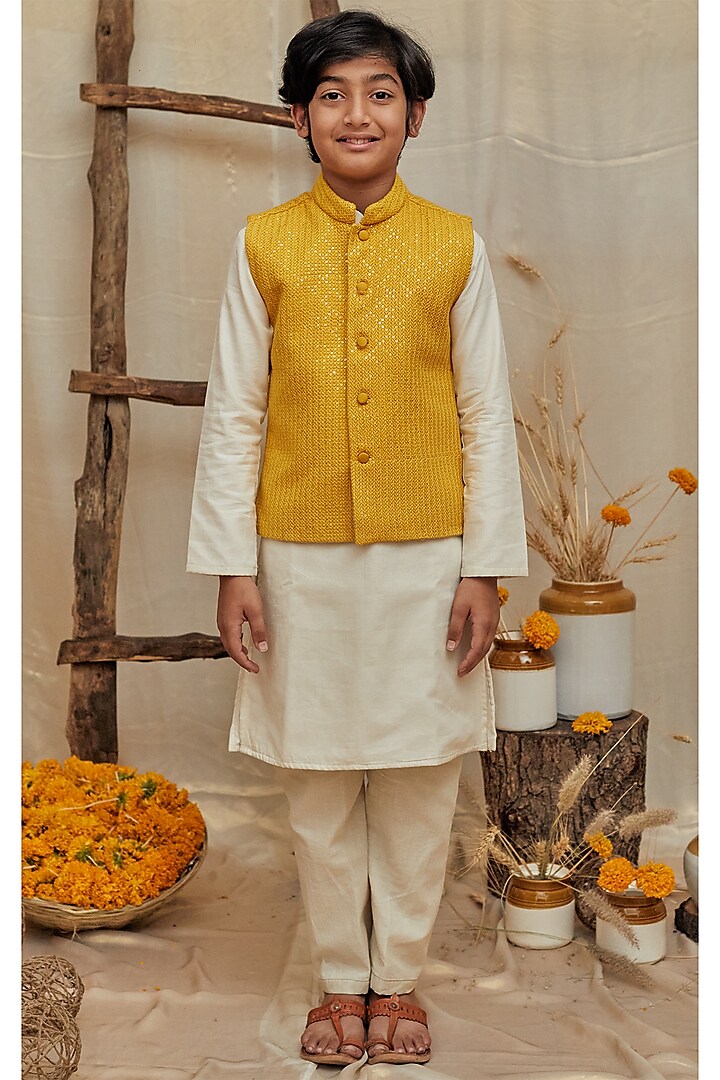 Yellow Banglore Silk Lucknowi Jacket With Kurta Set For Boys by All Boy Couture