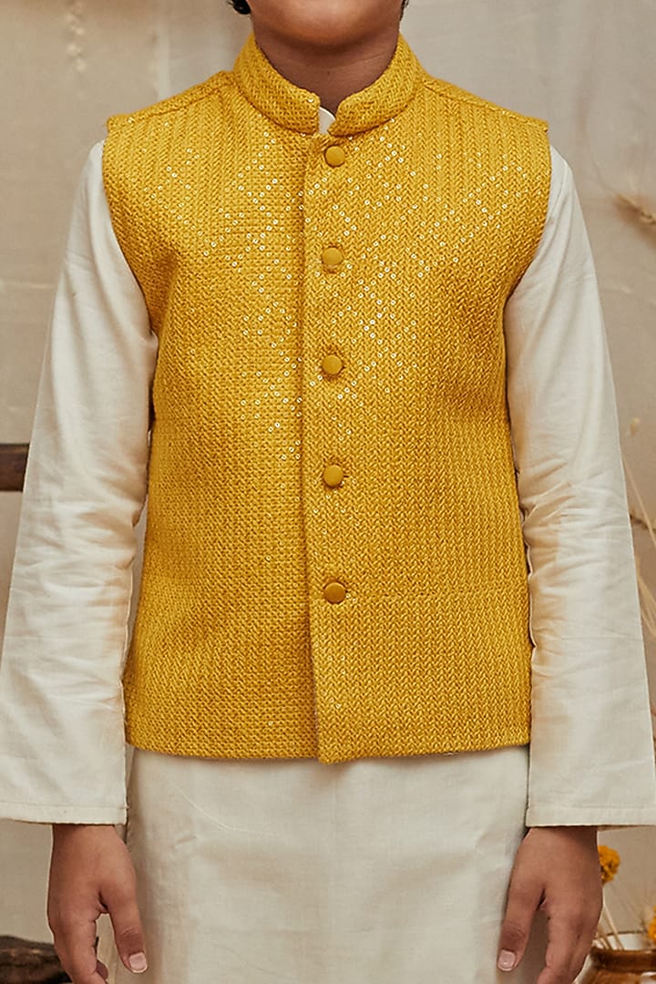 Yellow Banglore Silk Lucknowi Jacket With Kurta Set For Boys by All Boy Couture at Pernia's Pop Up Shop