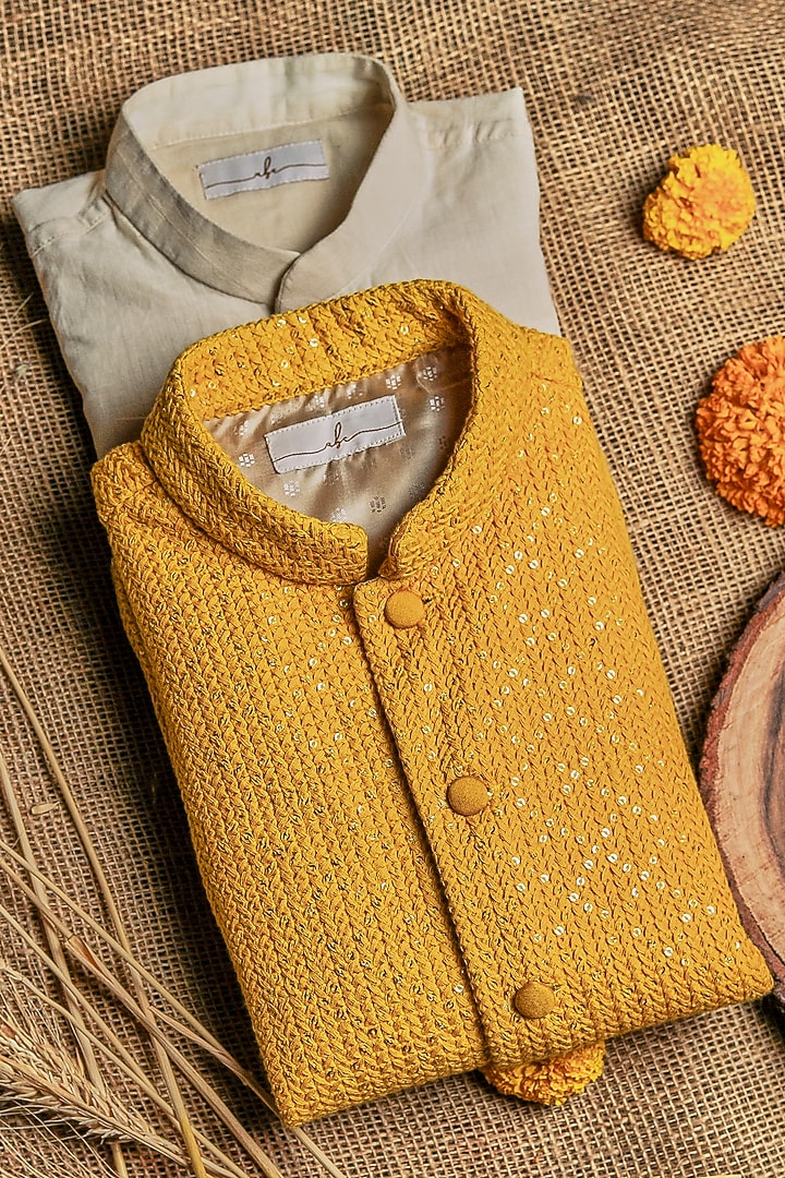 Yellow Banglore Silk Lucknowi Jacket With Kurta Set For Boys by All Boy Couture at Pernia's Pop Up Shop