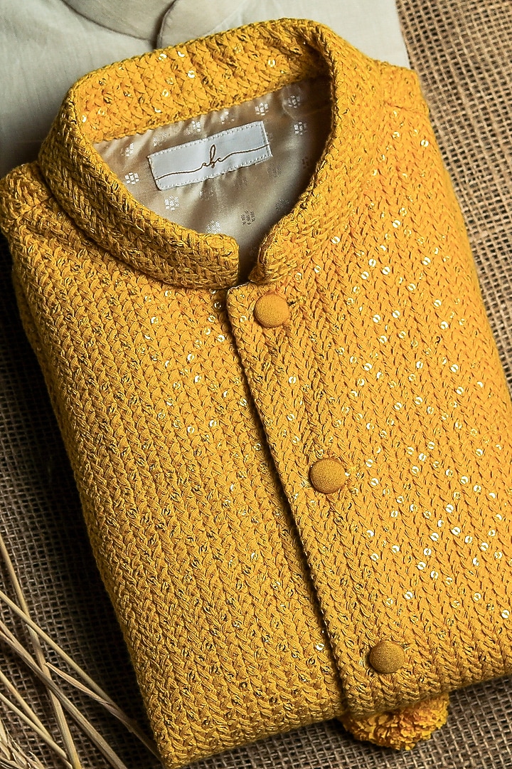 Yellow Banglore Silk Lucknowi Jacket With Kurta Set For Boys by All Boy Couture at Pernia's Pop Up Shop