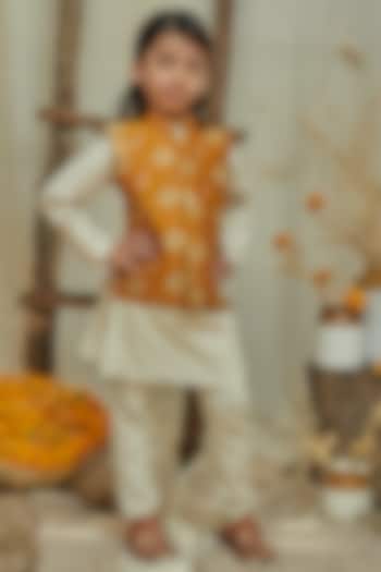 Mustard Chanderi Brocade Printed Jacket With Kurta Set For Boys by All Boy Couture