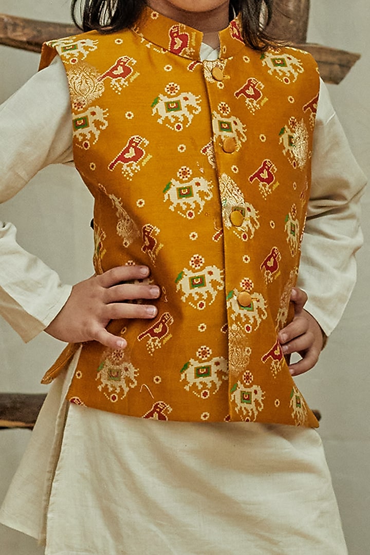 Mustard Chanderi Brocade Printed Jacket With Kurta Set For Boys by All Boy Couture at Pernia's Pop Up Shop