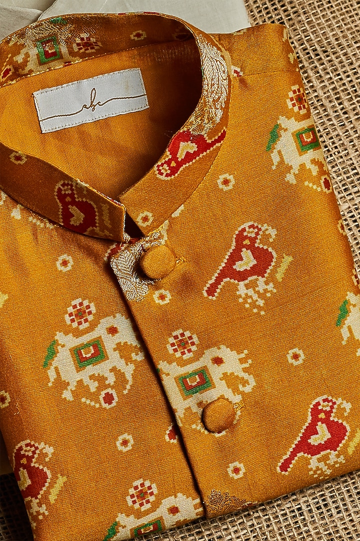 Mustard Chanderi Brocade Printed Jacket With Kurta Set For Boys by All Boy Couture at Pernia's Pop Up Shop