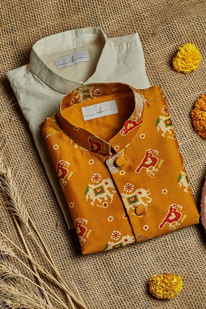 Mustard Chanderi Brocade Printed Jacket With Kurta Set For Boys by All Boy Couture at Pernia's Pop Up Shop