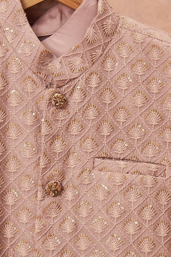 Lavender Maheshwari Silk Embroidered Bundi Jacket With Kurta Set For Boys by All Boy Couture at Pernia's Pop Up Shop