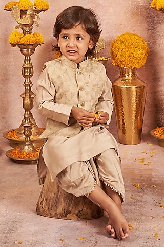 Beige Moonga Silk Bundi Jacket With Kurta Set For Boys by All Boy Couture