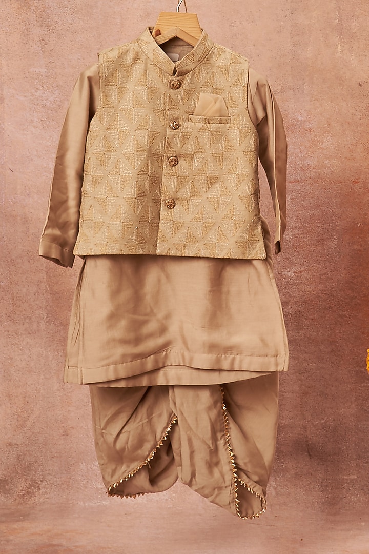 Beige Moonga Silk Bundi Jacket With Kurta Set For Boys by All Boy Couture at Pernia's Pop Up Shop