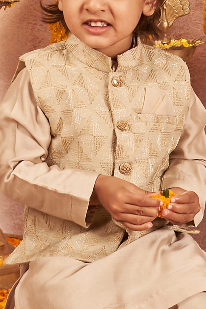 Beige Moonga Silk Bundi Jacket With Kurta Set For Boys by All Boy Couture at Pernia's Pop Up Shop