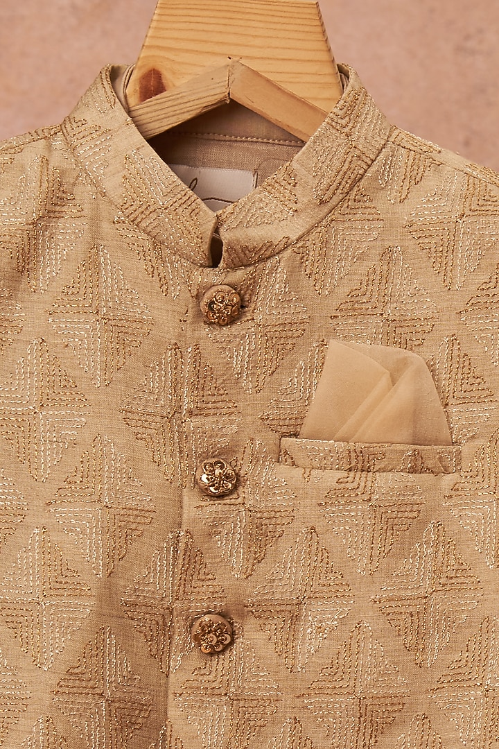 Beige Moonga Silk Bundi Jacket With Kurta Set For Boys by All Boy Couture at Pernia's Pop Up Shop