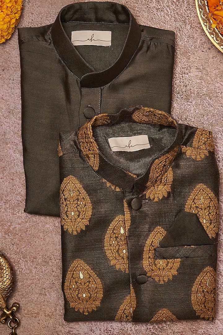Dark Grey Pure Banarasi Embroidered Bundi Jacket With Kurta Set For Boys by All Boy Couture