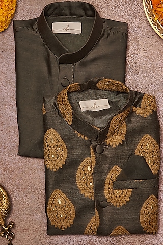 Dark Grey Pure Banarasi Embroidered Bundi Jacket With Kurta Set For Boys by All Boy Couture