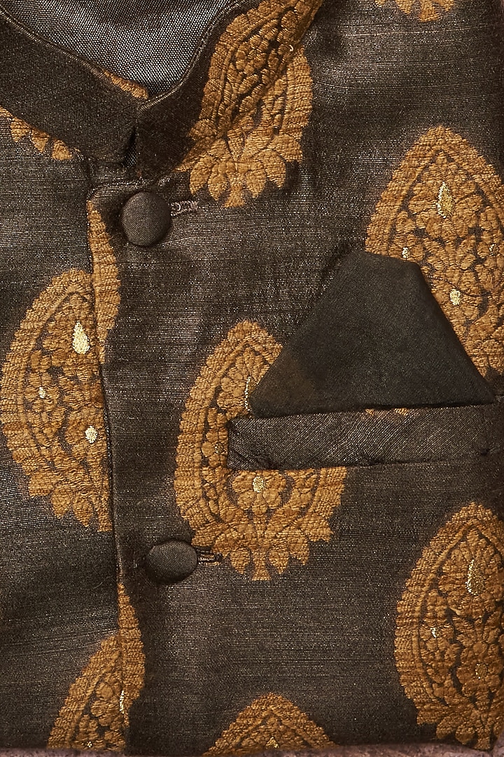 Dark Grey Pure Banarasi Embroidered Bundi Jacket With Kurta Set For Boys by All Boy Couture at Pernia's Pop Up Shop