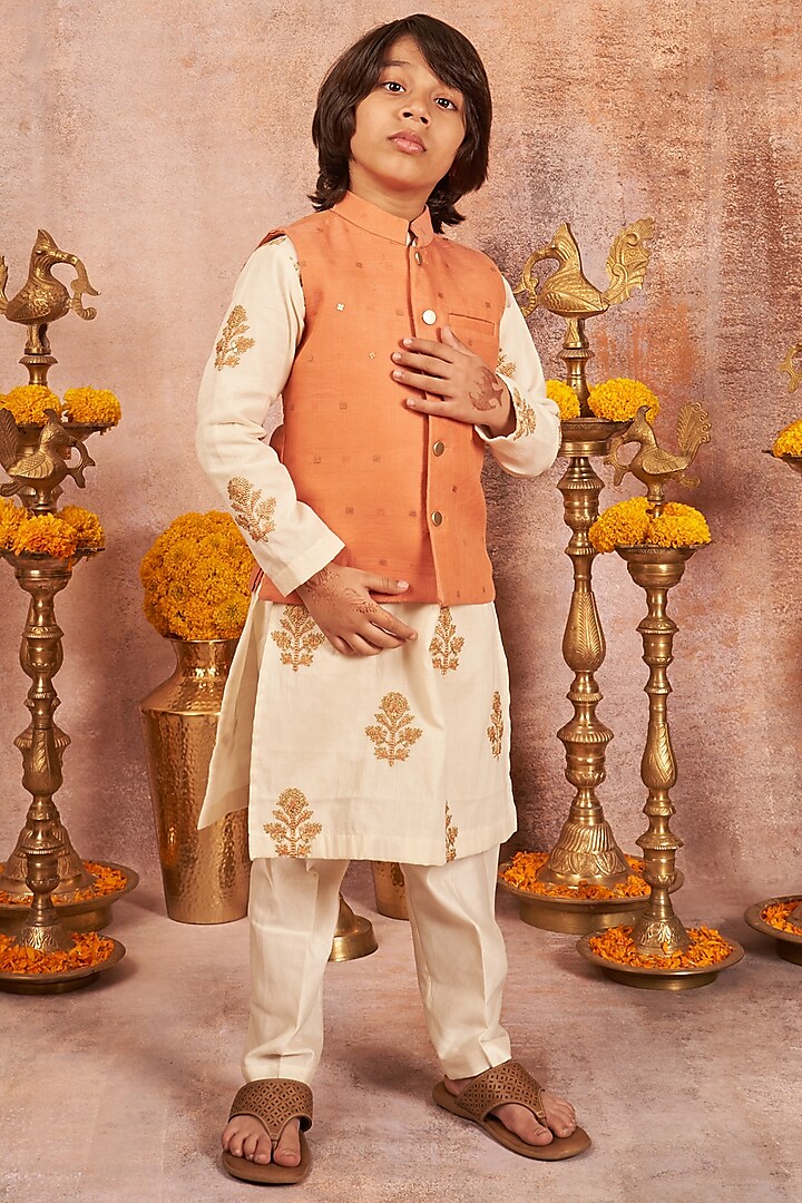 Orange Chanderi Jacket With Kurta Set For Boys by All Boy Couture