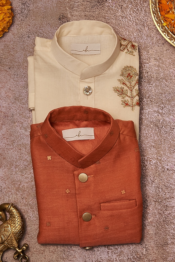 Orange Chanderi Jacket With Kurta Set For Boys by All Boy Couture at Pernia's Pop Up Shop