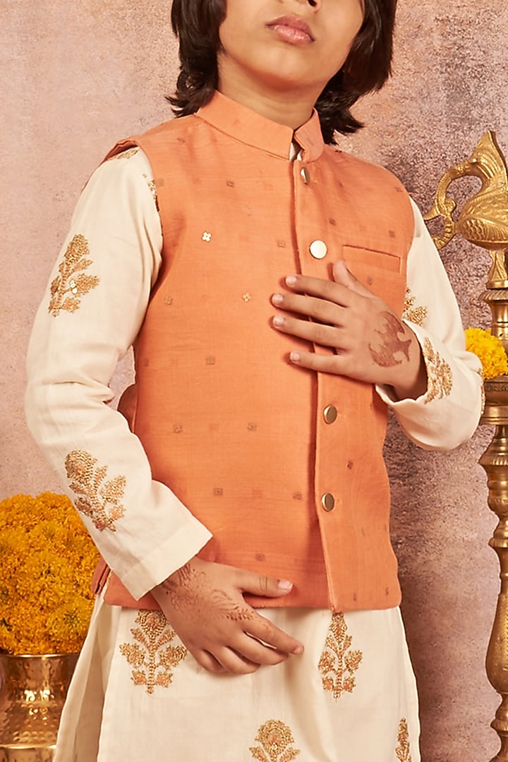 Orange Chanderi Jacket With Kurta Set For Boys by All Boy Couture at Pernia's Pop Up Shop