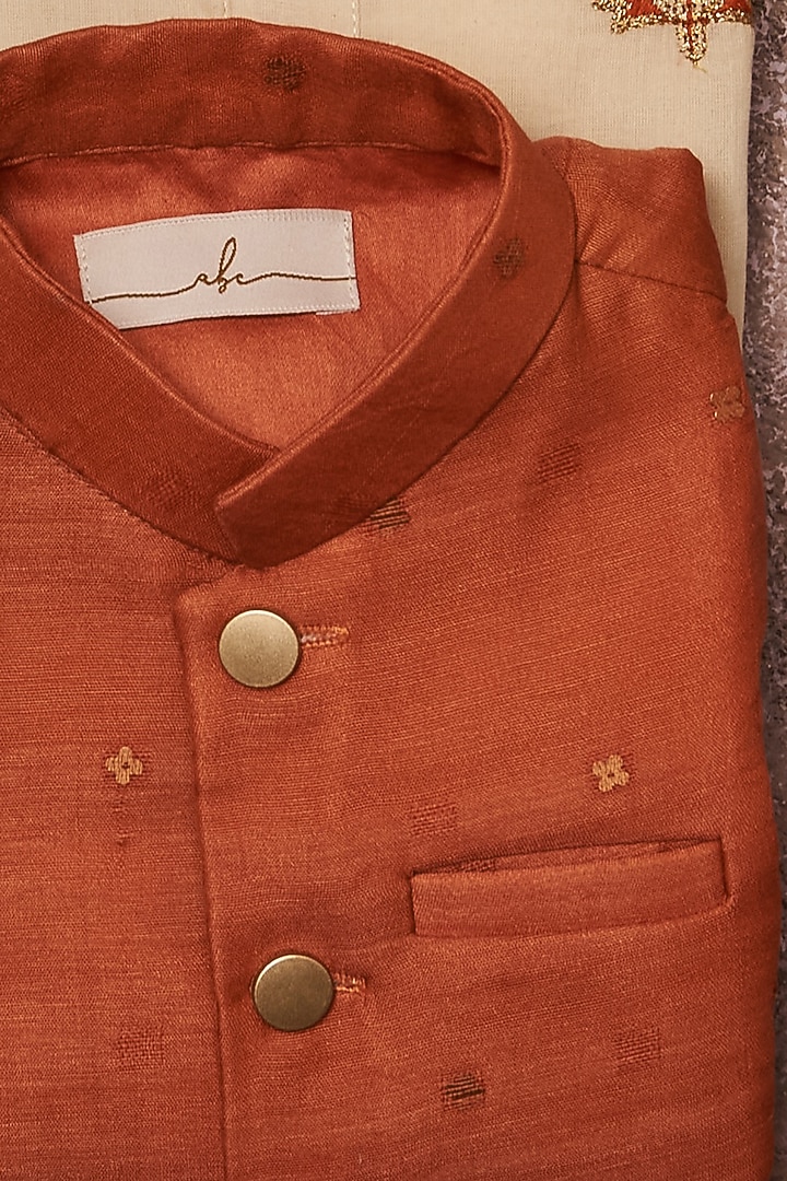 Orange Chanderi Jacket With Kurta Set For Boys by All Boy Couture at Pernia's Pop Up Shop