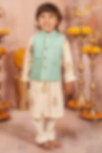 Sky Blue Chanderi Jacket With Kurta Set For Boys by All Boy Couture