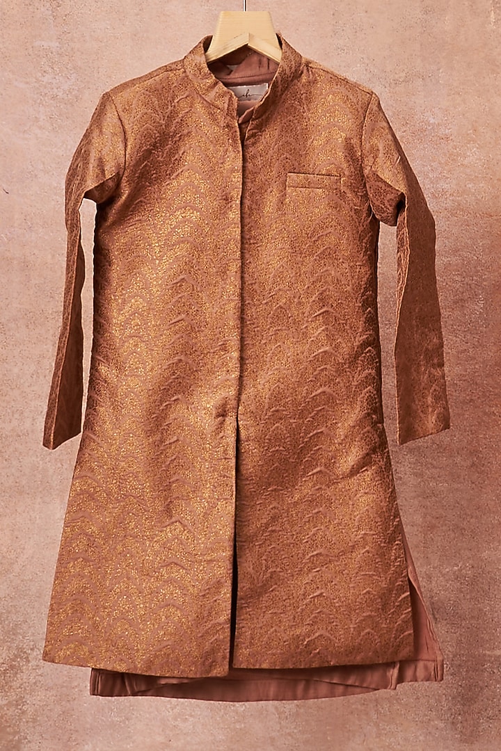 Dust Pink Pure Banarasi Achkan Jacket With Kurta Set For Boys by All Boy Couture at Pernia's Pop Up Shop