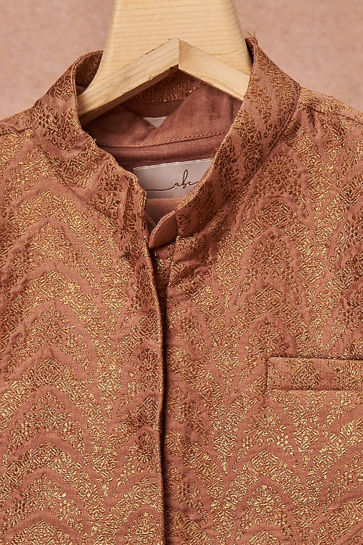Dust Pink Pure Banarasi Achkan Jacket With Kurta Set For Boys by All Boy Couture at Pernia's Pop Up Shop
