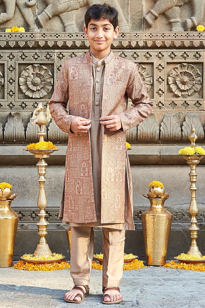 Dark Beige Moonga Silk Embroidered Achkan Jacket With Kurta Set For Boys by All Boy Couture at Pernia's Pop Up Shop